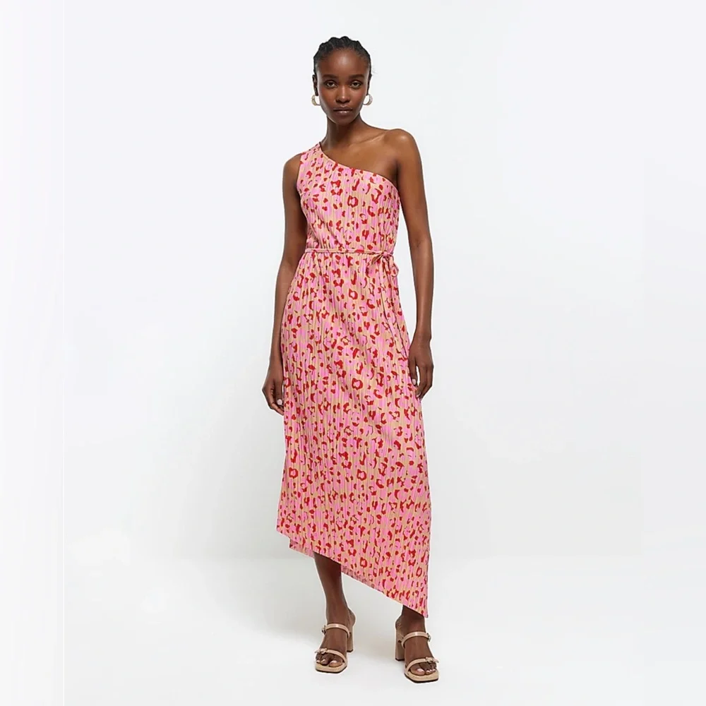 River Island Pink Leopard One Shoulder Plisse Maxi Dress NWT Women’s Size 10 - Picture 1 of 11